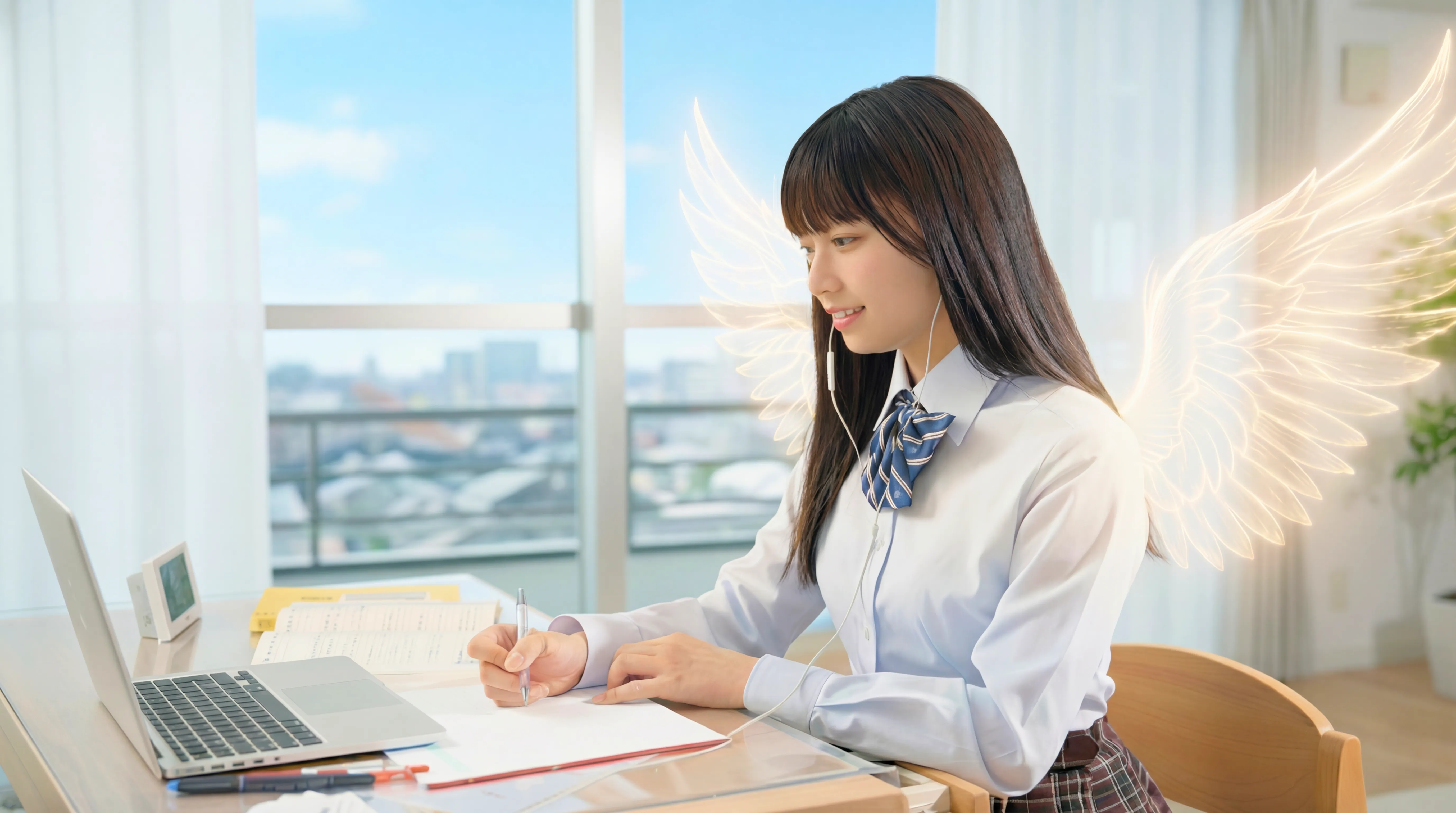 学生が空を見上げている