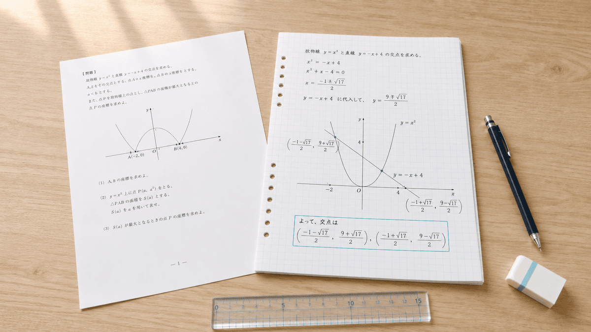 数学の問題用紙と解答ノートが置かれた机