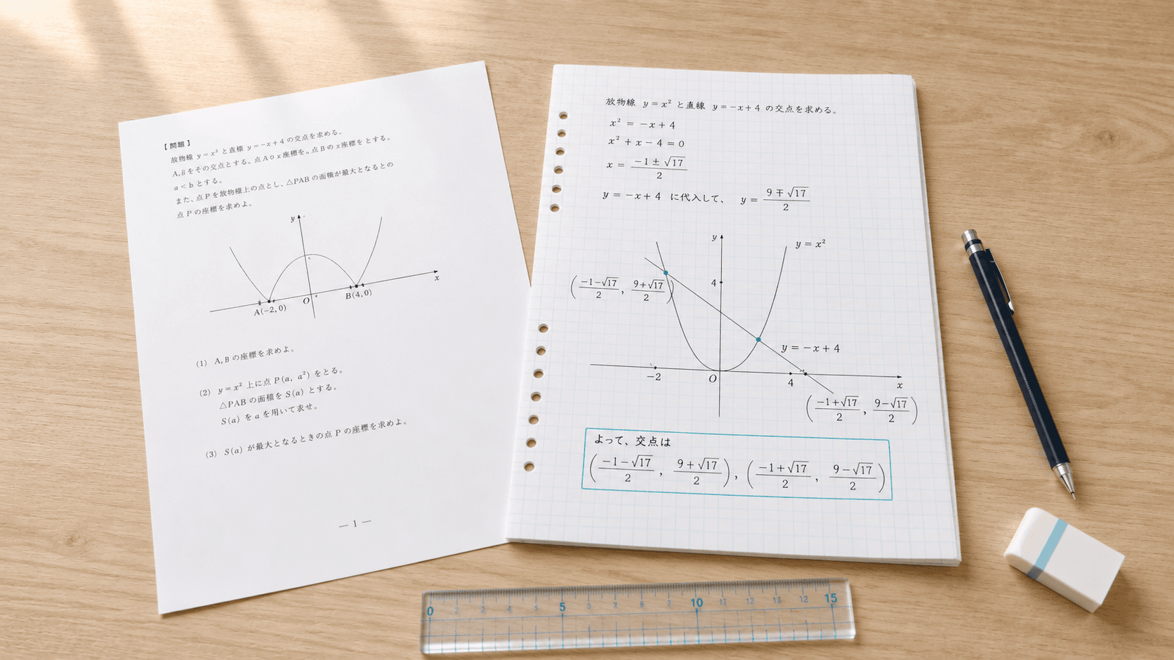 数学の問題用紙と解答ノートが置かれた机